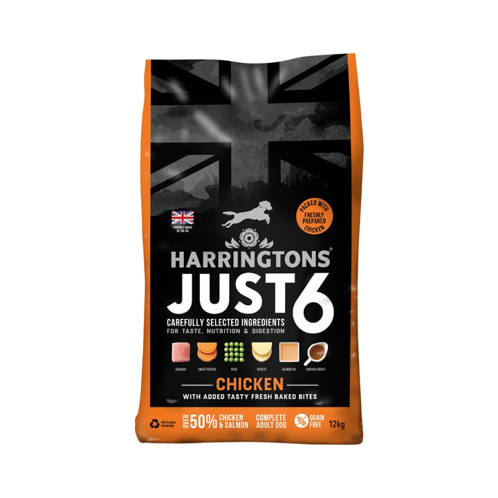 Harringtons Just 6 Chicken Grain-Free Dry Dog Food is packed with over 50% chicken and salmon and is free of grains and hypoallergenic 12kg.