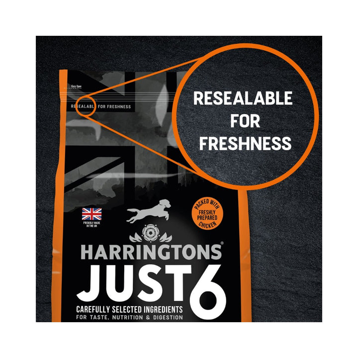 Harringtons Just 6 Chicken Grain-Free Dry Dog Food is packed with over 50% chicken and salmon and is free of grains and hypoallergenic Bag.