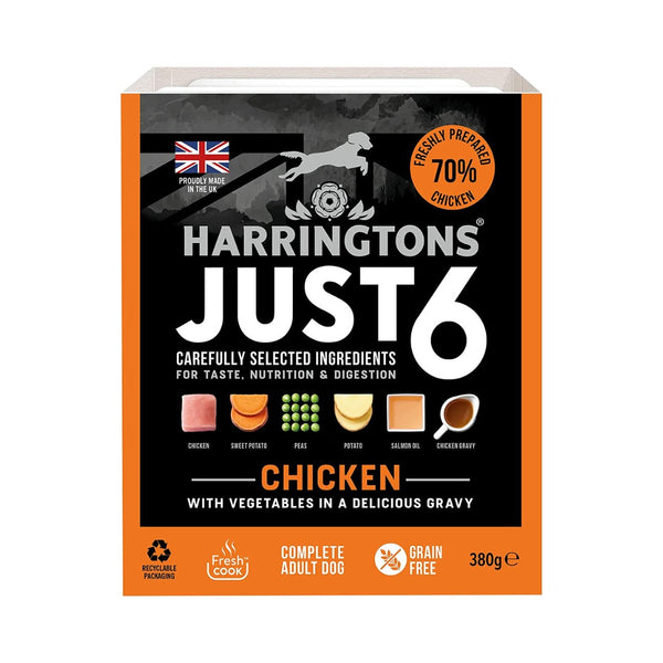 Harringtons Just 6 Grain-Free Wet Dog Food with Chicken and Vegetables in a Delicious Gravy - a complete dog food made with six carefully selected ingredients.