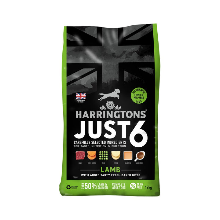 Harringtons Just 6 Lamb Grain Free Dry Dog Food contains a carefully crafted selection of six ingredients for your dog's taste, nutrition, and digestion 12kg.