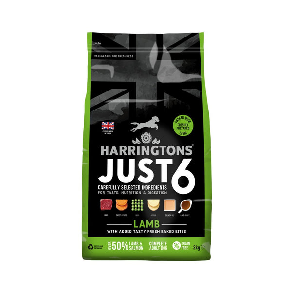 Harringtons Just 6 Lamb Grain Free Dry Dog Food contains a carefully crafted selection of six ingredients for your dog's taste, nutrition, and digestion 2kg.