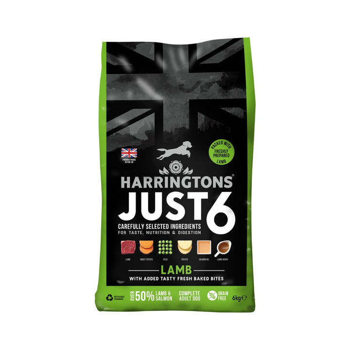 Harringtons Just 6 Lamb Grain Free Dry Dog Food contains a carefully crafted selection of six ingredients for your dog's taste, nutrition, and digestion 6kg.