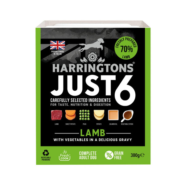 Harringtons Just 6  lamb with vegetables in a delicious gravy, is a complete dog food that includes six ingredients for optimal taste, nutrition, and digestion. 