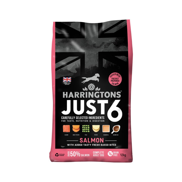 Harringtons Just 6 Salmon Grain-Free Dry Dog Food is formulated as a complete diet. It contains six ingredients chosen for taste, nutrition, and digestive support 12kg