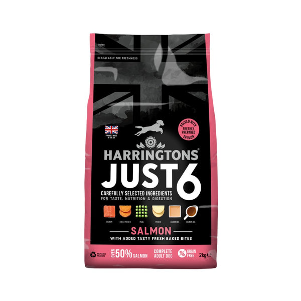 Harringtons Just 6 Salmon Grain-Free Dry Dog Food is formulated as a complete diet. It contains six ingredients chosen for taste, nutrition, and digestive support 2kg