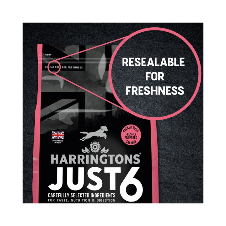 Harringtons Just 6 Salmon Grain-Free Dry Dog Food is formulated as a complete diet. It contains six ingredients chosen for taste, nutrition, and digestive support Sealable Bag