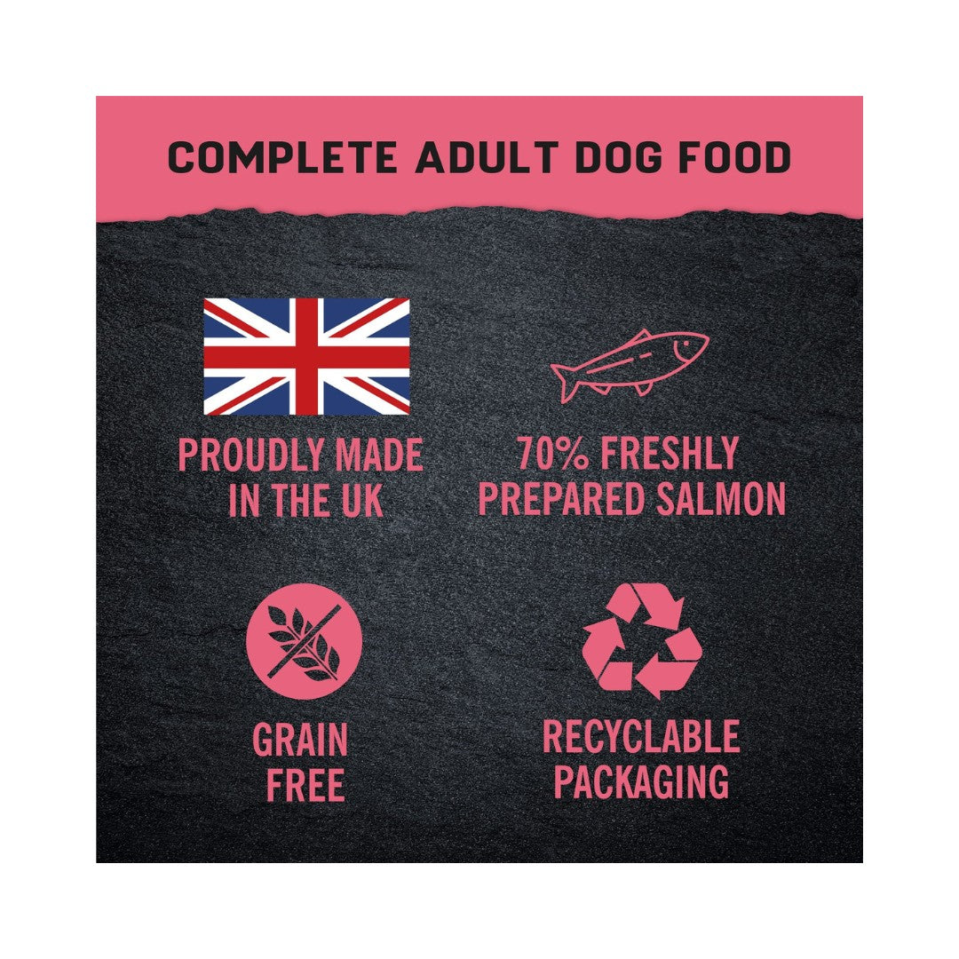Harrington's Just 6 Grain-Free Wet Dog Food, Salmon with Vegetables in Gravy, is a wholesome dog food made with ingredients for taste, nutrition, and digestion-Made in the UK.