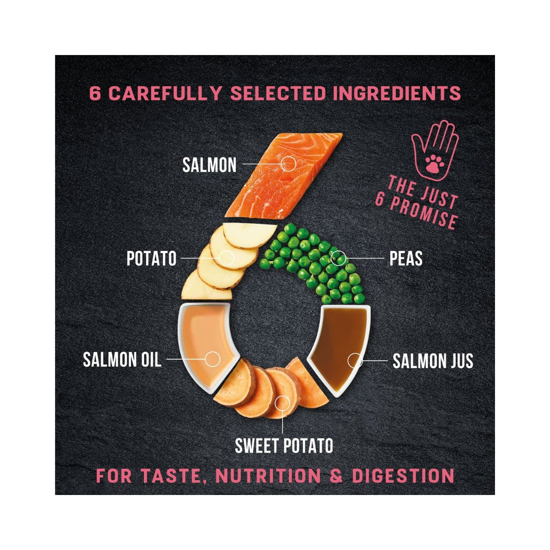 Harrington's Just 6 Grain-Free Wet Dog Food, Salmon with Vegetables in Gravy, is a wholesome dog food made with ingredients for taste, nutrition, and digestion-Imgrediants.