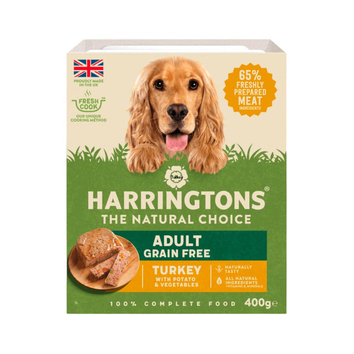 Harringtons Turkey with Potato & Vegetables Wet Dog Food. Our tasty tray-cooked dinners contain 100% natural and added vitamins and minerals.