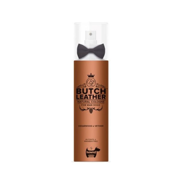 Butch Leather Natural Cologne, the perfect fragrance for male dogs. Made with essential oils like Vetiver and Cedarwood,