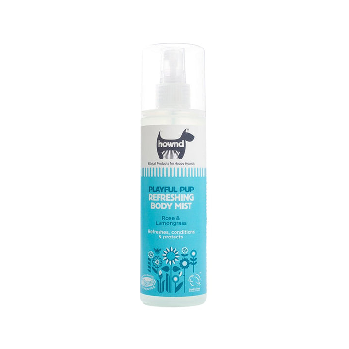 Hownd Playful Pup Body Mist - A bottle of mist spray surrounded by playful puppies. - Front Bottle 
