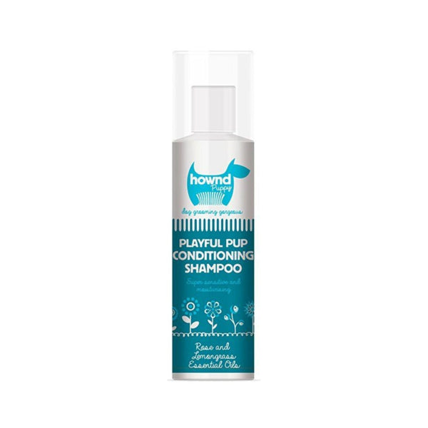 Hownd Playful Puppy Shampoo - A bottle of puppy shampoo surrounded by happy puppies. Front Bottle 