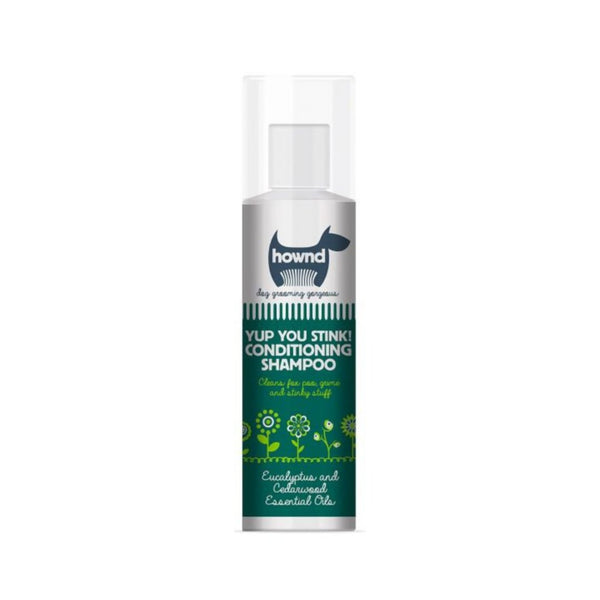Howd, Yup, You Stink! Dog Shampoo—A happy dog with a fresh, clean coat surrounds a bottle of dog shampoo - Front Bottle 