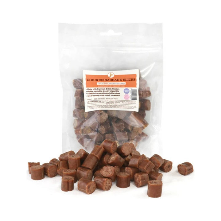 British Sliced Chicken Sausage Dog Treats in 250g packaging, suitable for all dog breeds and ages.