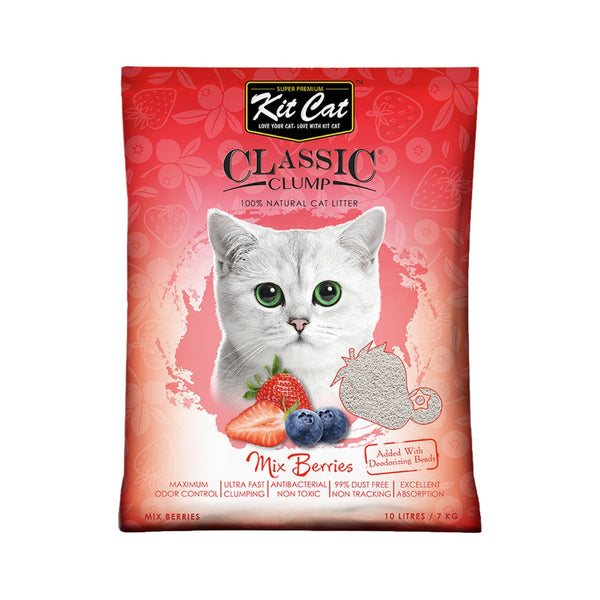 Kit Cat Classic Clump Mix Berries cat litter is enhanced with deodorizing beads and specially formulated by cat lovers to provide exceptional odor control and easy cleaning.