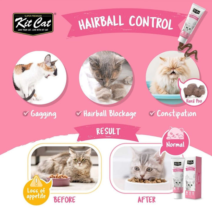 Kit Cat Daily Supplement Gel Hairball 120g tube with natural ingredients for hairball control & digestive health in cats & kittens – Benefits.