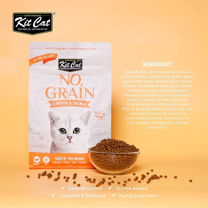 Kit Cat No Grain Chicken & Salmon Cat Dry Food for a diet that goes beyond the ordinary, providing your cat with the nutrition they need for a vibrant and healthy life. 
