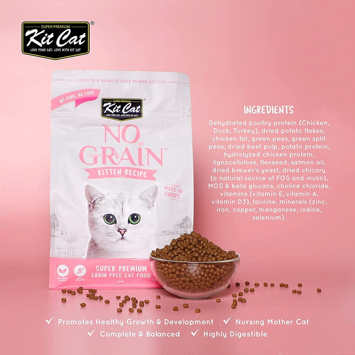 Kit Cat No Grain Kitten Dry Food is crafted with premium ingredients for a grain-free diet. It helps to improve gut health and maintains a shiny coat 1.