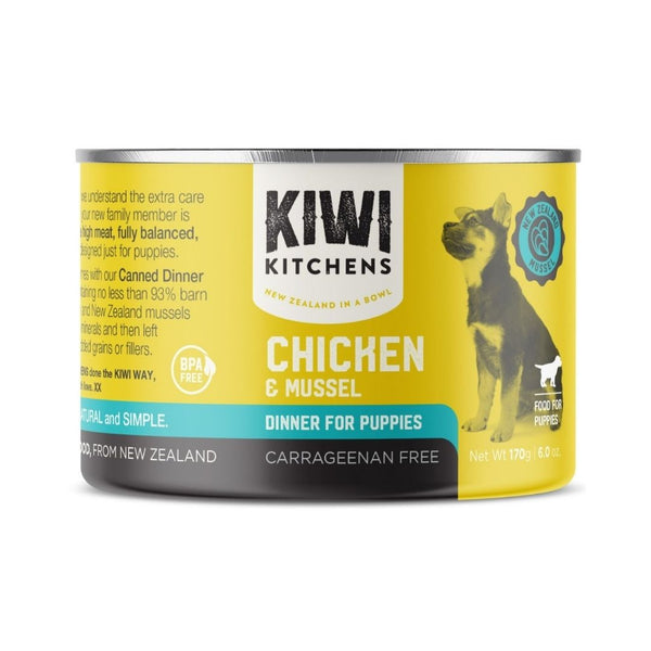 Kiwi Kitchens Barn Raised Chicken & Mussel Dinner Canned Wet Puppy Food – Packaging Front - 170g