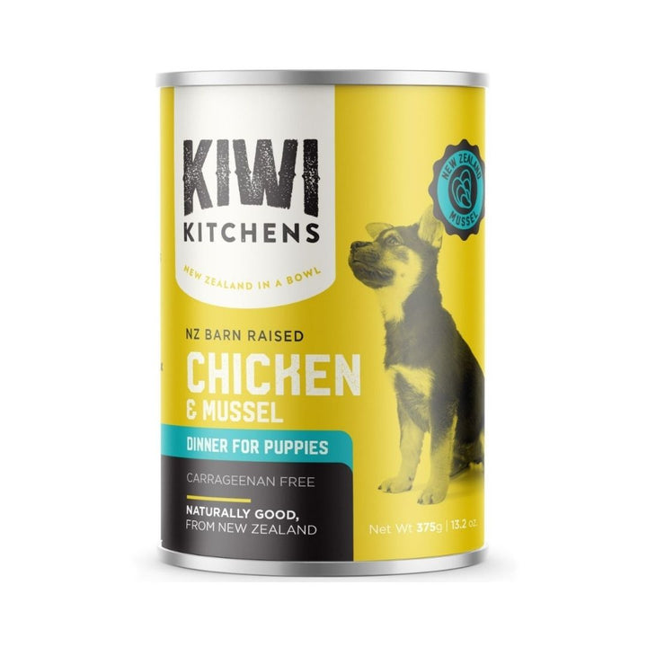 Kiwi Kitchens Barn Raised Chicken & Mussel Dinner Canned Wet Puppy Food – Packaging Front - 357g