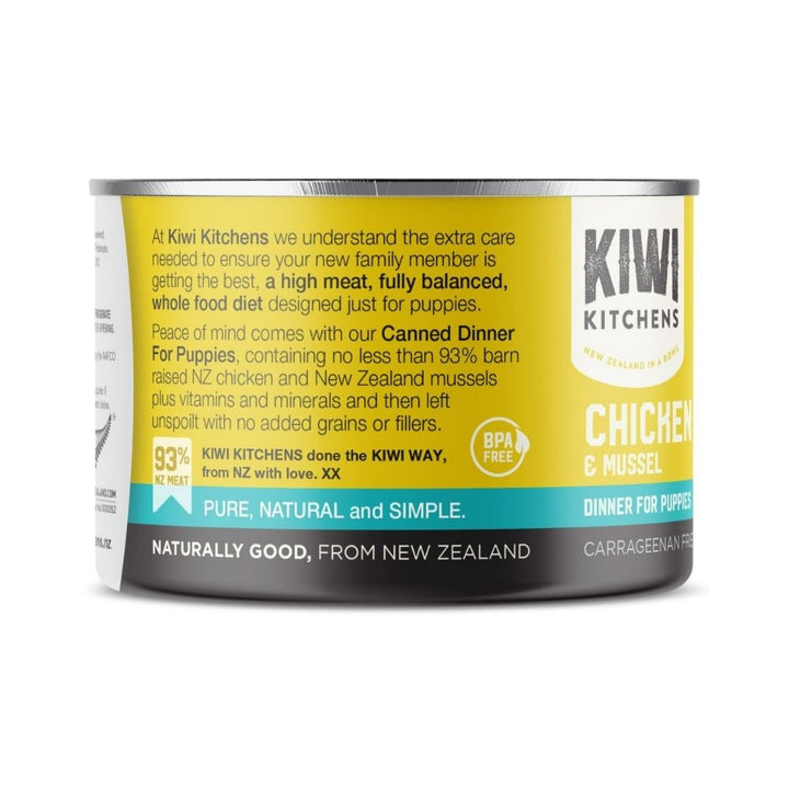 Kiwi Kitchens Barn Raised Chicken & Mussel Dinner Canned Wet Puppy Food – Packaging Back - 170g