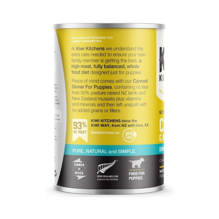 Kiwi Kitchens Barn Raised Chicken & Mussel Dinner Canned Wet Puppy Food – Packaging Back 370g