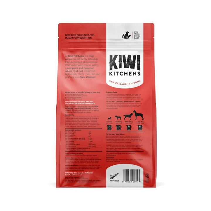 Kiwi Kitchens Raw Freeze Dried Grass Fed Beef Dinner Dry Dog Food – Packaging Back