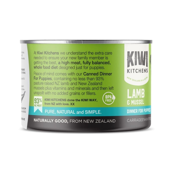 Kiwi Kitchens Grass Fed Lamb & Mussel Dinner Canned Wet Puppy Food – Packaging back