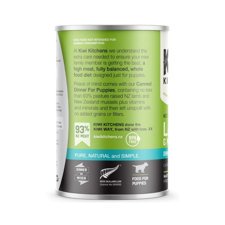 Kiwi Kitchens Grass Fed Lamb & Mussel Dinner Canned Wet Puppy Food – Packaging back