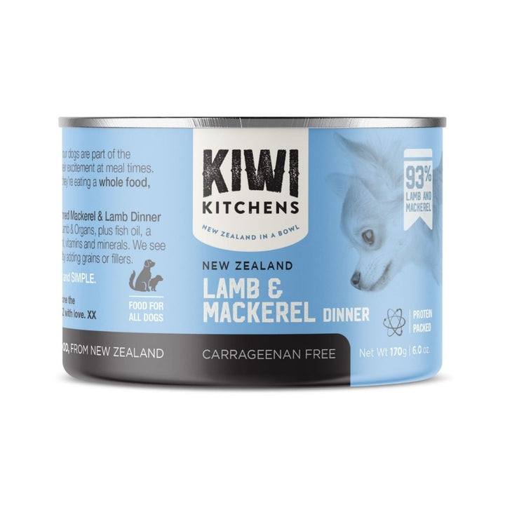 Kiwi Kitchens Mackerel & Lamb Dinner Canned Wet Dog Food – Packaging Front 170g