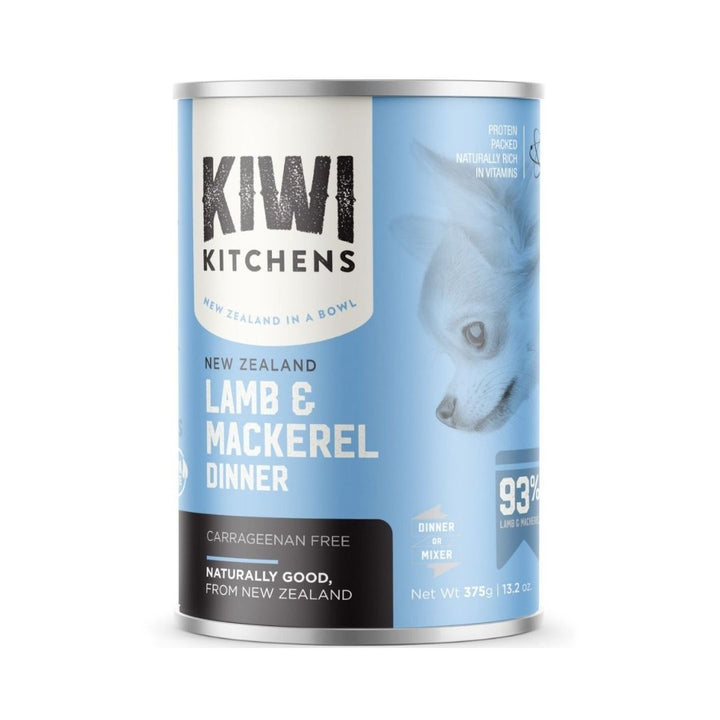 Kiwi Kitchens Mackerel & Lamb Dinner Canned Wet Dog Food – Packaging Front - 375g