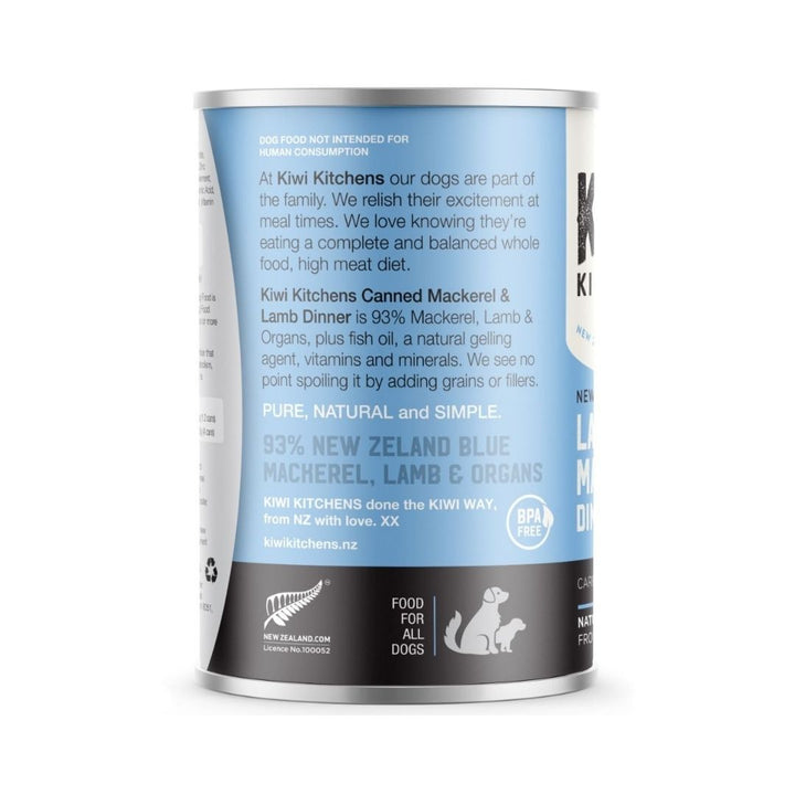 Kiwi Kitchens Mackerel & Lamb Dinner Canned Wet Dog Food – Packaging Back - 375g