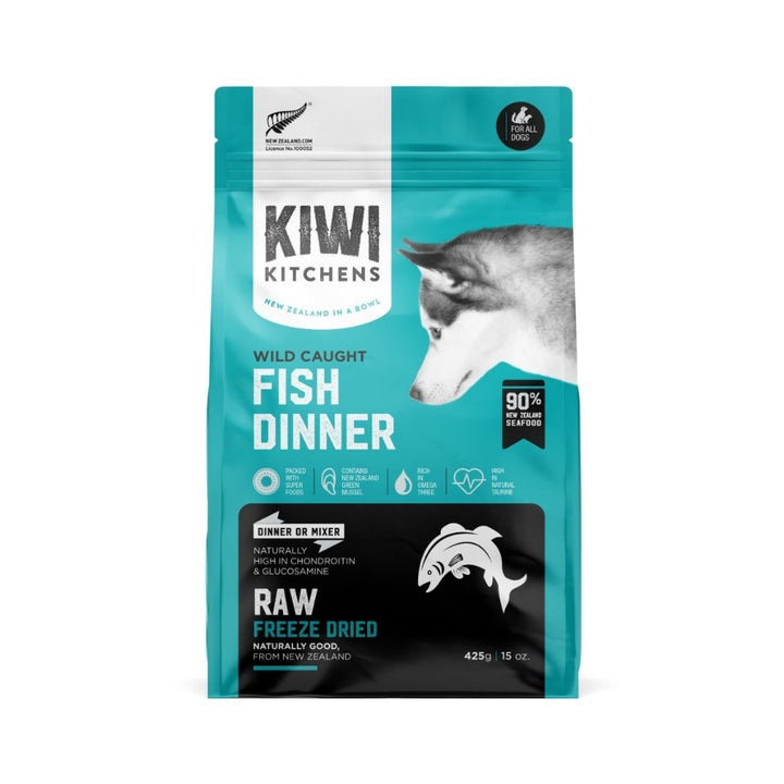 Kiwi Kitchens Raw Freeze Dried Wild Caught Fish Dinner Dry Dog Food – Packaging Front 425g