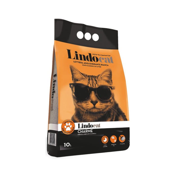 LindoCat White Bentonite Charme Amber Cat Litter, 10 Liters bag, premium clumping litter with oriental amber fragrance and soothing calendula for sensitive cats.