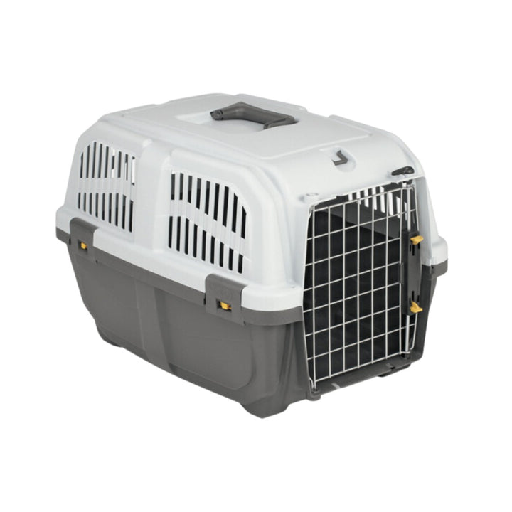 Skudo 1 IATA Approved Pet Carrier for Dogs and Cats, durable plastic construction with metal gate, available in multiple sizes.