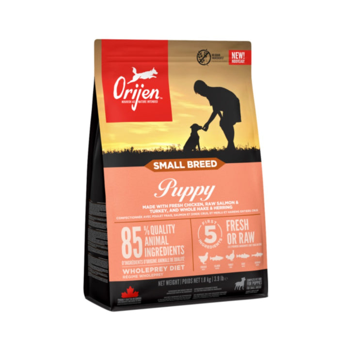 Orijen Puppy Small Breed Dog Dry Food with protein-rich recipes, a Biologically Appropriate diet that consists of protein sourced from fresh or raw animal ingredients. 