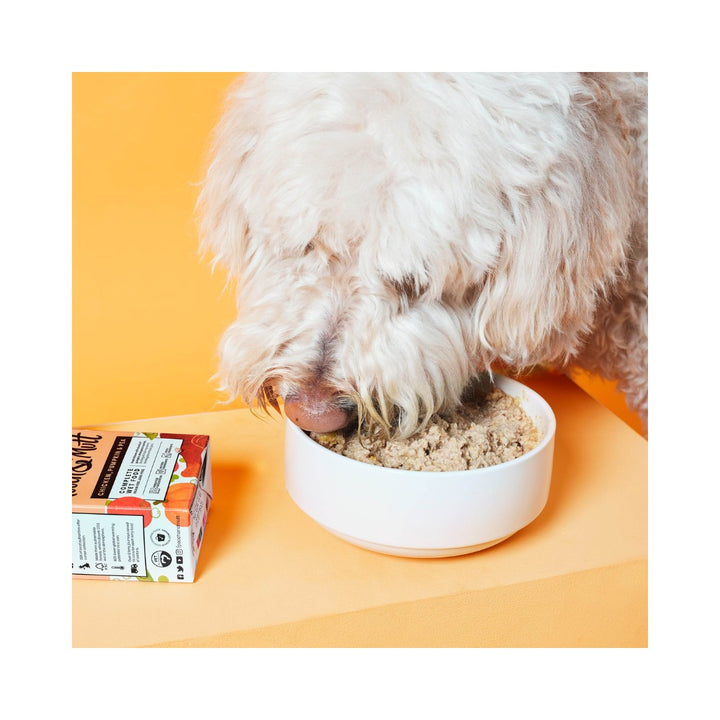 Pooch & Mutt Chicken, Pumpkin & Pea Dog Wet Food in a 375g pack. This grain-free wet food is a nutritious blend of fresh chicken, pumpkin, peas, and carrots 5