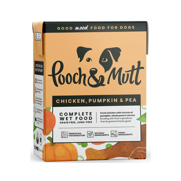 Pooch & Mutt Chicken, Pumpkin & Pea Dog Wet Food in a 375g pack. This grain-free wet food is a nutritious blend of fresh chicken, pumpkin, peas, and carrots