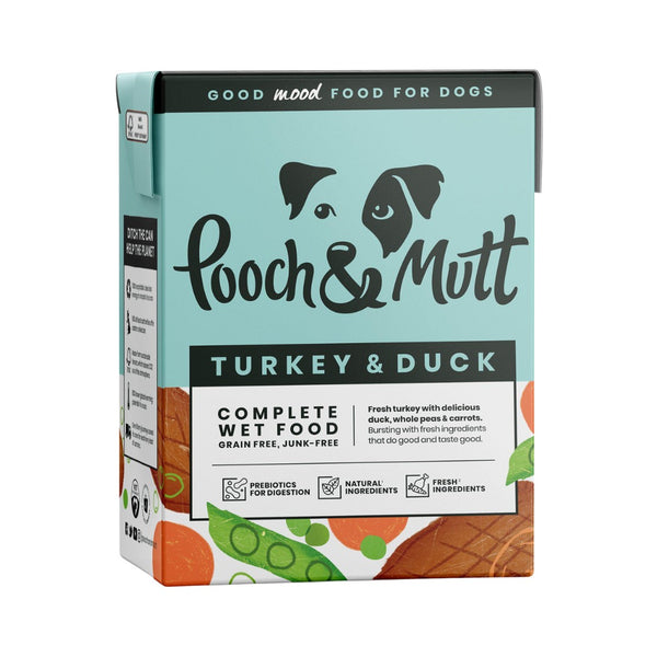 Pooch & Mutt Turkey & Duck Dog Wet Food in a 375g pack. This delicious wet food is free from artificial colors, flavors, and preservatives.