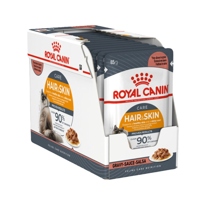 Royal Canin Intense Beauty in Gravy Adult Wet Cat Food: Thin slices in savory gravy for coat health. Full Box