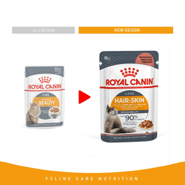 Royal Canin Intense Beauty in Gravy Adult Wet Cat Food: Thin slices in savory gravy for coat health. New Look 