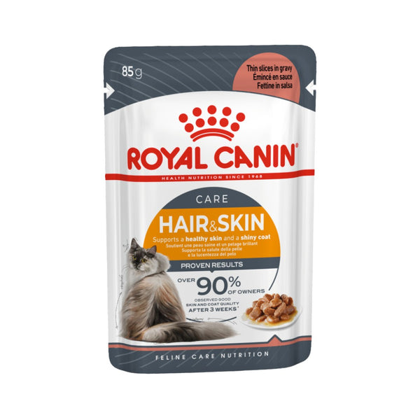 Royal Canin Intense Beauty in Gravy Adult Wet Cat Food: Thin slices in savory gravy for coat health - Front Pouch