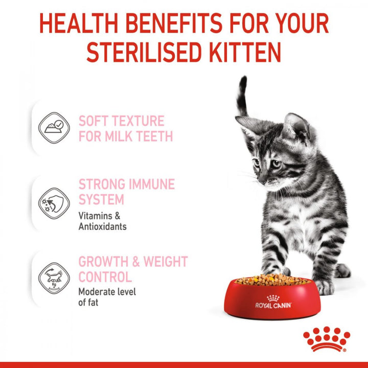 Royal Canin Kitten Sterilised Jelly Wet Food is a specially formulated diet that caters to the nutritional needs of 6 to 12-month-old sterilized kittens - Benefits.