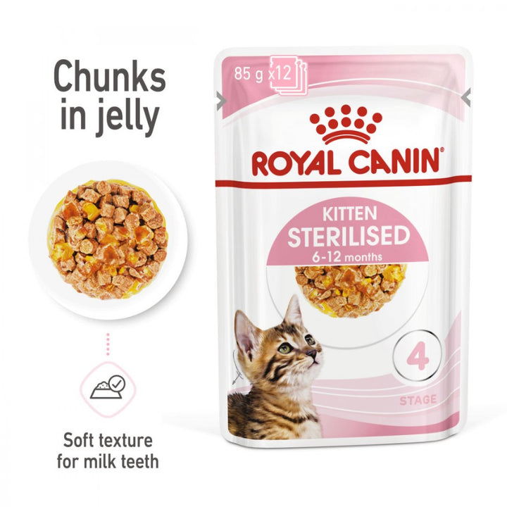 Royal Canin Kitten Sterilised Jelly Wet Food is a specially formulated diet that caters to the nutritional needs of 6 to 12-month-old sterilized kittens - Chunk.