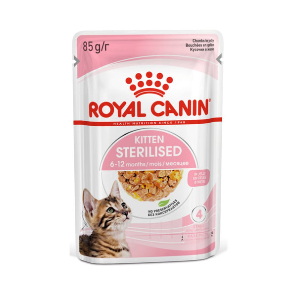 Introduce your growing sterilized kitten to a diet catering to their unique needs with Royal Canin Kitten Sterilised Jelly Wet Food, specially formulated for kittens aged 6 to 12 months.