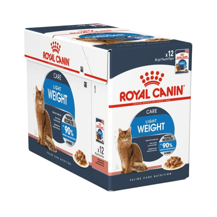 Royal Canin Light Weight Gravy Cat Wet Food: A Box of wet cat food with thin slices in savory gravy, promoting weight management and overall feline health.