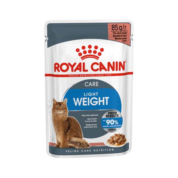 Royal Canin Light Weight Gravy Cat Wet Food: A can of wet cat food with thin slices in savory gravy, promoting weight management and overall feline health.