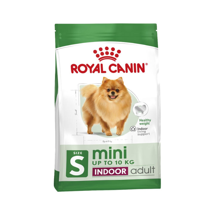 Royal Canin Mini Indoor Adult Dog Dry Food packaging, 1.5kg, for small indoor dogs over ten months old.