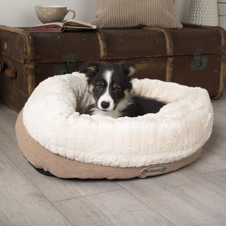 Scruffs Ellen Donut Dog Bed combines stylish design, plush comfort, and eco-friendly features with recycled polyester filling. The machine washable design adds practicality for pet owners.Tan