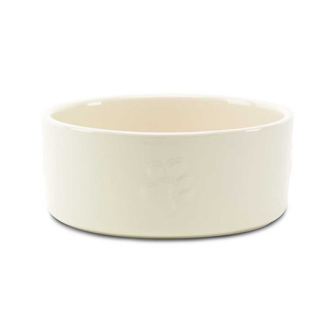 Scruffs Icon Dog Food Bowl in cream with paw prints and wave embossments, perfect for large dogs.